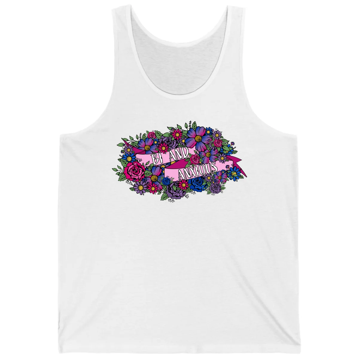 Colorful floral bouquet with pink banner reading 'Bi And Anonymous' featuring magenta roses, purple daisies, and blue flowers on gray background. in White