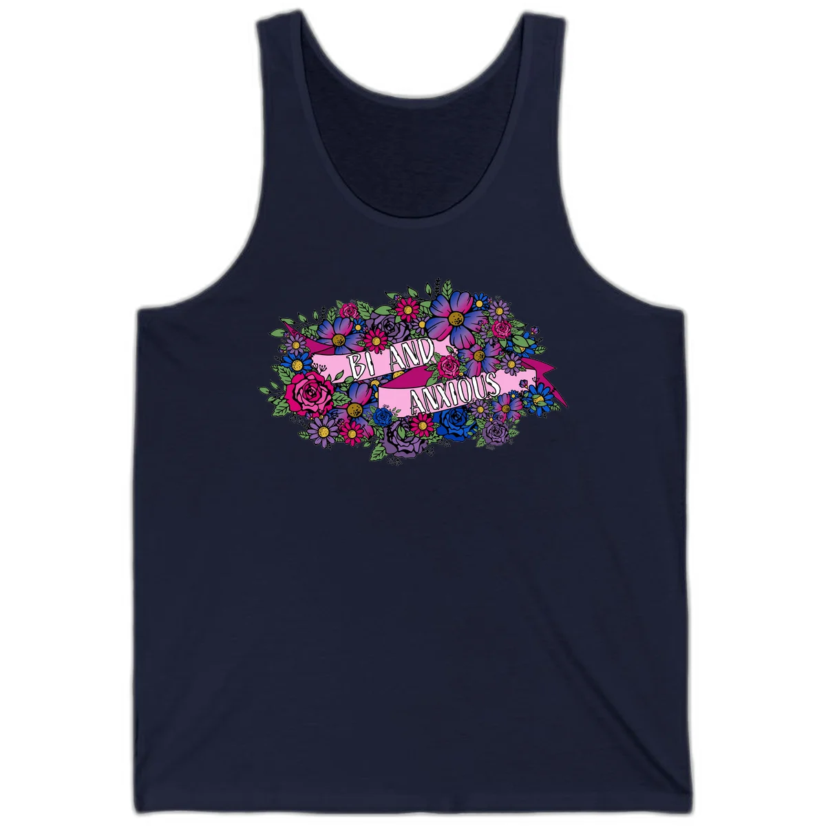 Colorful floral bouquet with pink banner reading 'Bi And Anonymous' featuring magenta roses, purple daisies, and blue flowers on gray background. in Navy