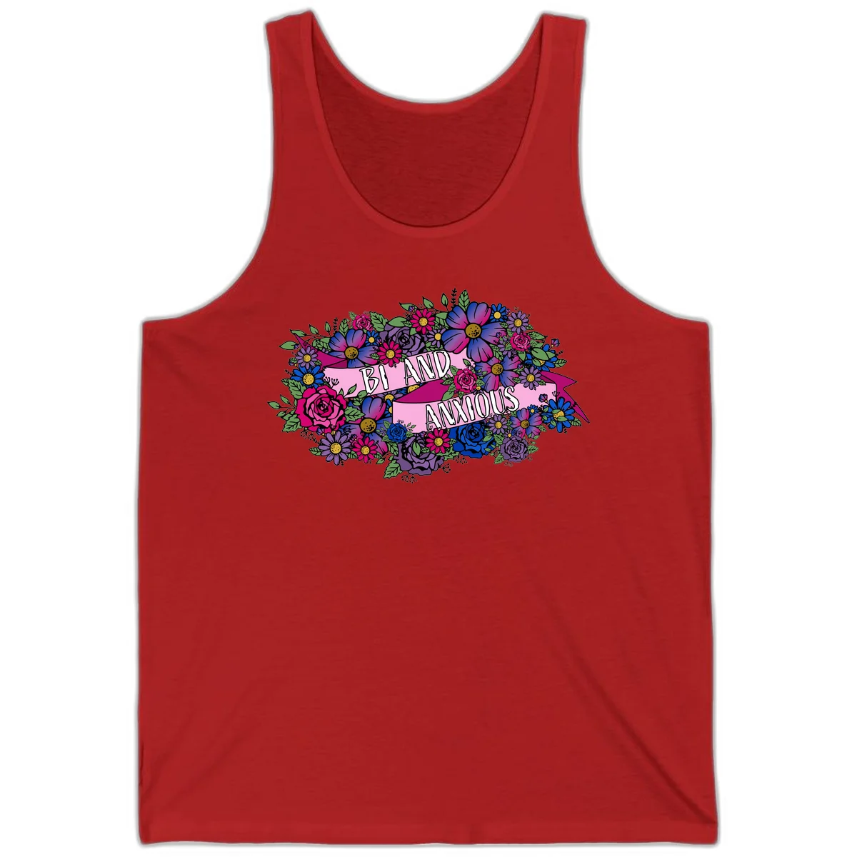 Colorful floral bouquet with pink banner reading 'Bi And Anonymous' featuring magenta roses, purple daisies, and blue flowers on gray background. in Red