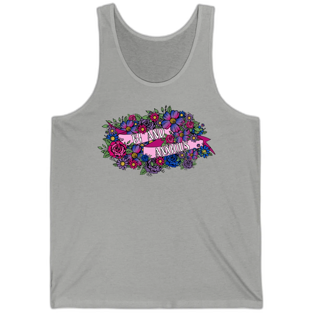 Colorful floral bouquet with pink banner reading 'Bi And Anonymous' featuring magenta roses, purple daisies, and blue flowers on gray background. in Athletic Heather