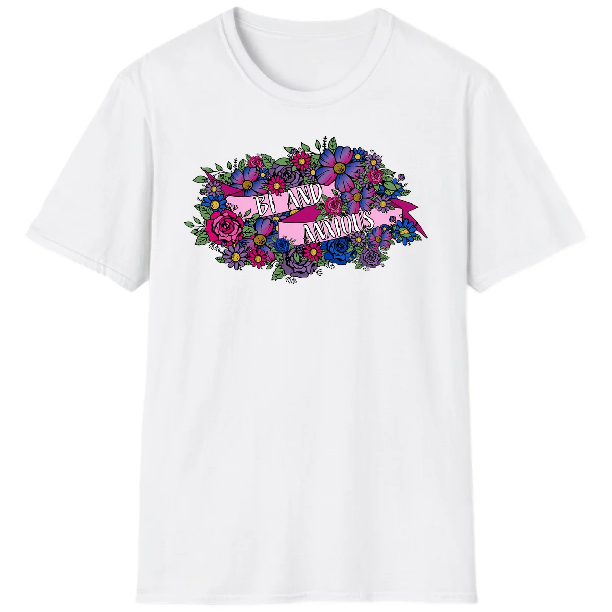 Colorful floral bouquet with pink banner reading 'Bi And Anonymous' featuring magenta roses, purple daisies, and blue flowers on gray background. in White