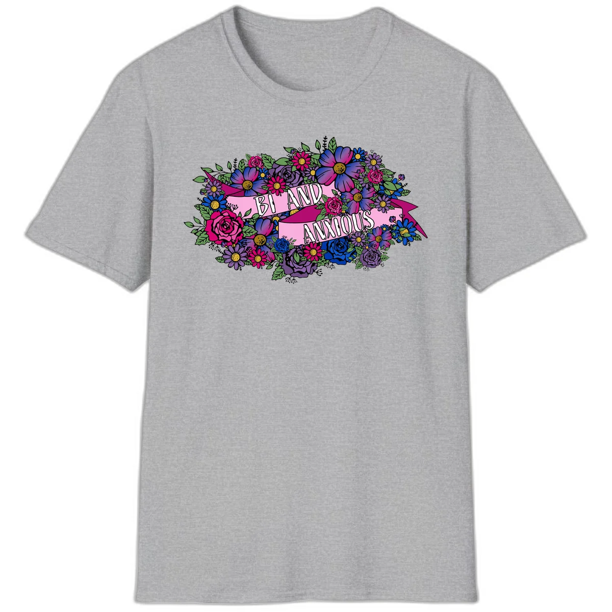 Colorful floral bouquet with pink banner reading 'Bi And Anonymous' featuring magenta roses, purple daisies, and blue flowers on gray background. in Sport Grey