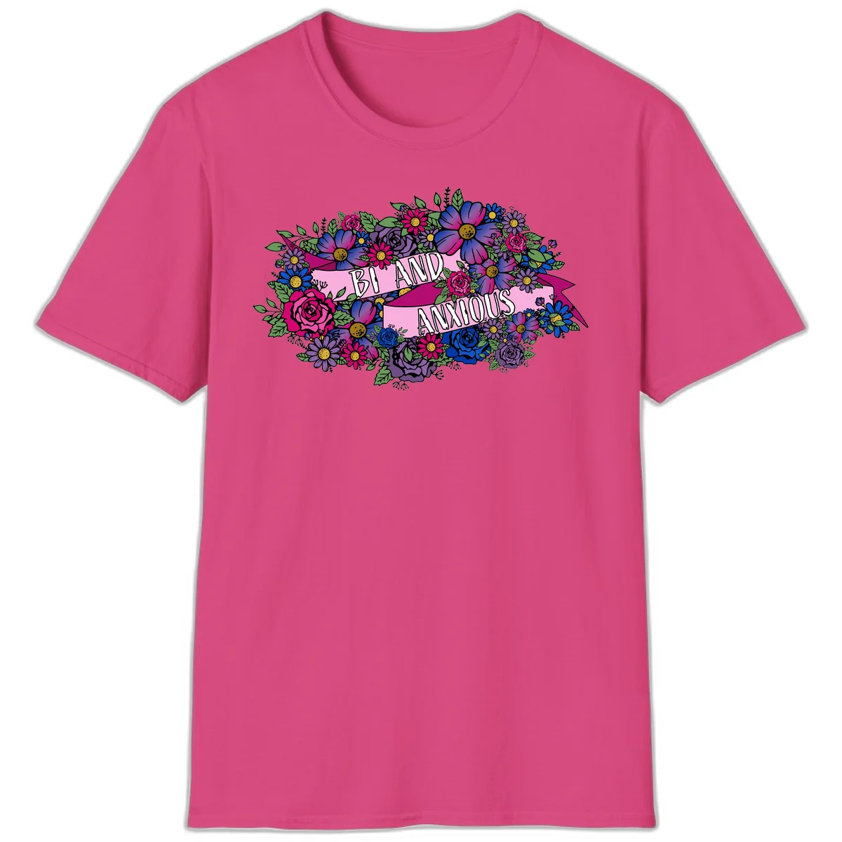 Colorful floral bouquet with pink banner reading 'Bi And Anonymous' featuring magenta roses, purple daisies, and blue flowers on gray background. in Heliconia