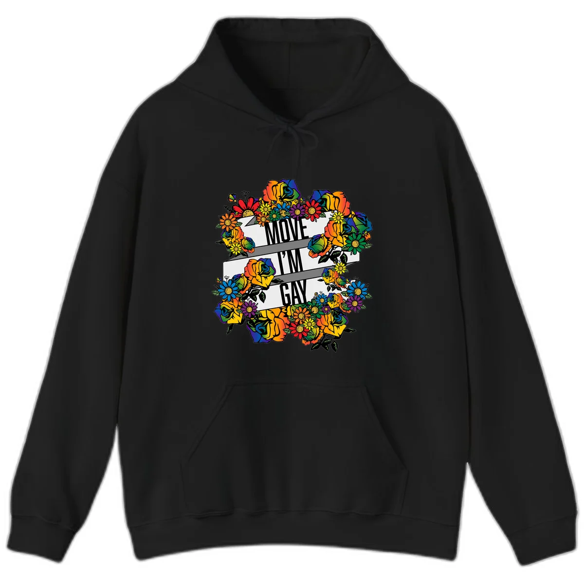 Colorful floral design with "MOVE I'M GAY" text on flowing ribbons, surrounded by rainbow roses, daisies, and sunflowers in Black
