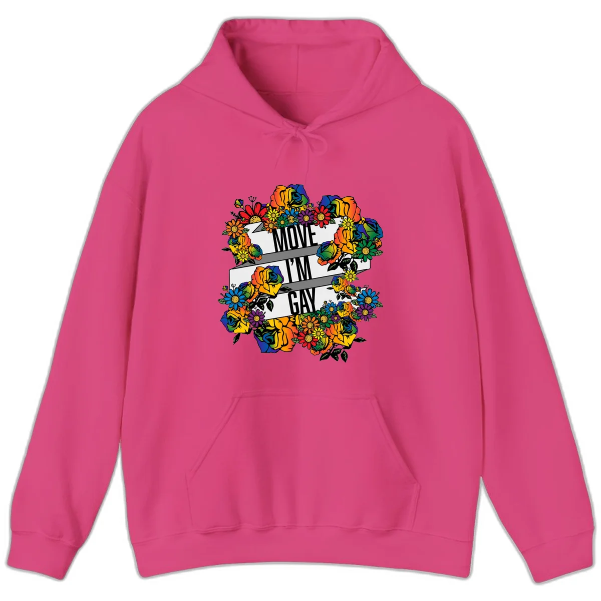 Colorful floral design with "MOVE I'M GAY" text on flowing ribbons, surrounded by rainbow roses, daisies, and sunflowers in Heliconia