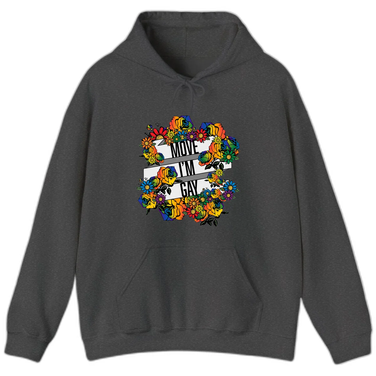 Colorful floral design with "MOVE I'M GAY" text on flowing ribbons, surrounded by rainbow roses, daisies, and sunflowers in Dark Heather