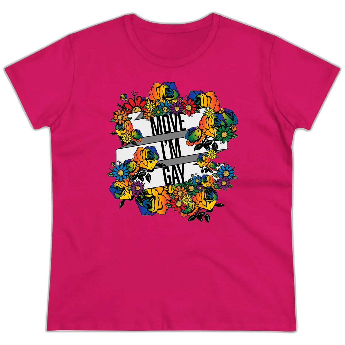 Colorful floral design with "MOVE I'M GAY" text on flowing ribbons, surrounded by rainbow roses, daisies, and sunflowers in Heliconia
