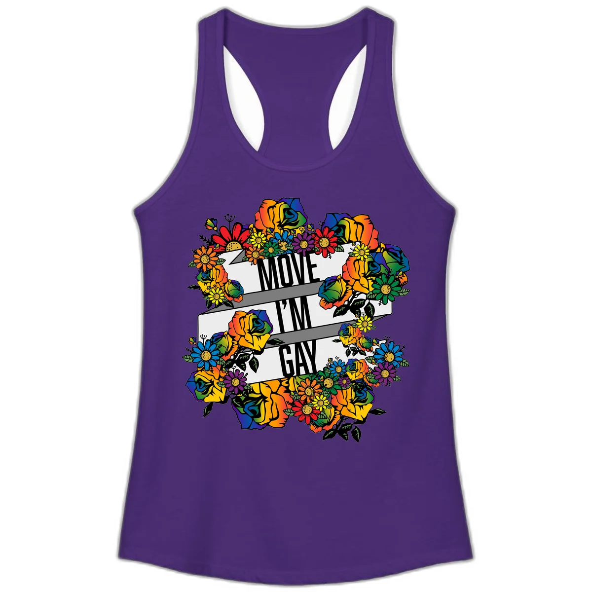 Colorful floral design with "MOVE I'M GAY" text on flowing ribbons, surrounded by rainbow roses, daisies, and sunflowers in Solid Purple Rush