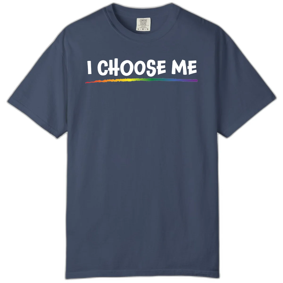 White text 'I Choose Me' above a vibrant rainbow gradient bar with pride flag colors on gray background in Midnight
