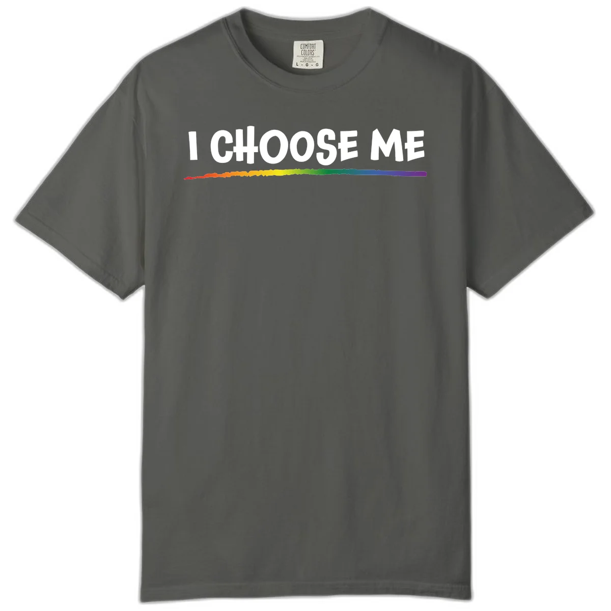 White text 'I Choose Me' above a vibrant rainbow gradient bar with pride flag colors on gray background in Pepper