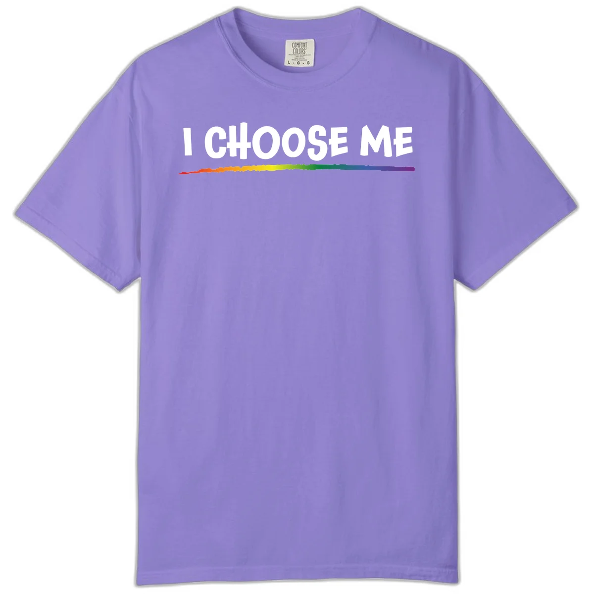 White text 'I Choose Me' above a vibrant rainbow gradient bar with pride flag colors on gray background in Violet