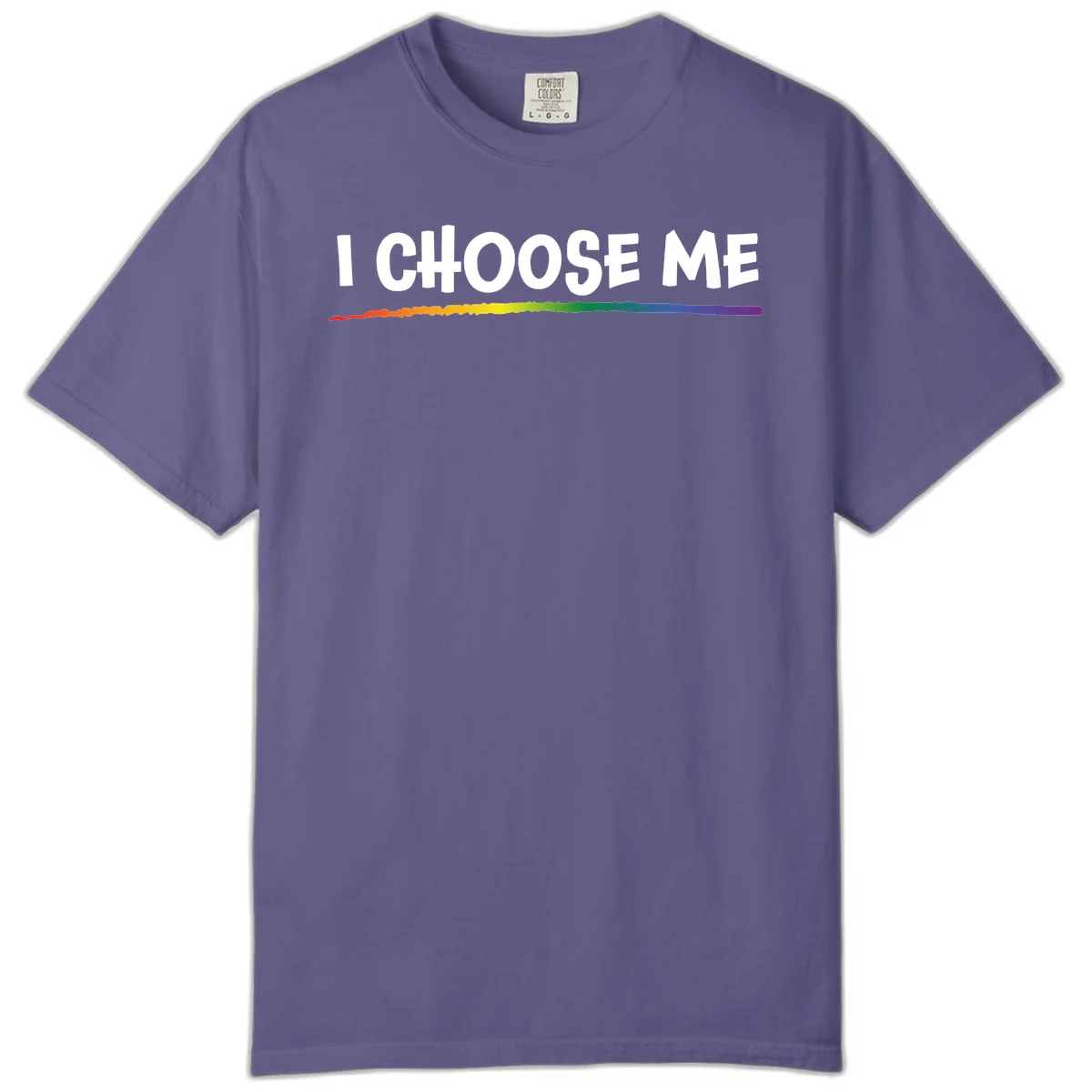 White text 'I Choose Me' above a vibrant rainbow gradient bar with pride flag colors on gray background in Grape