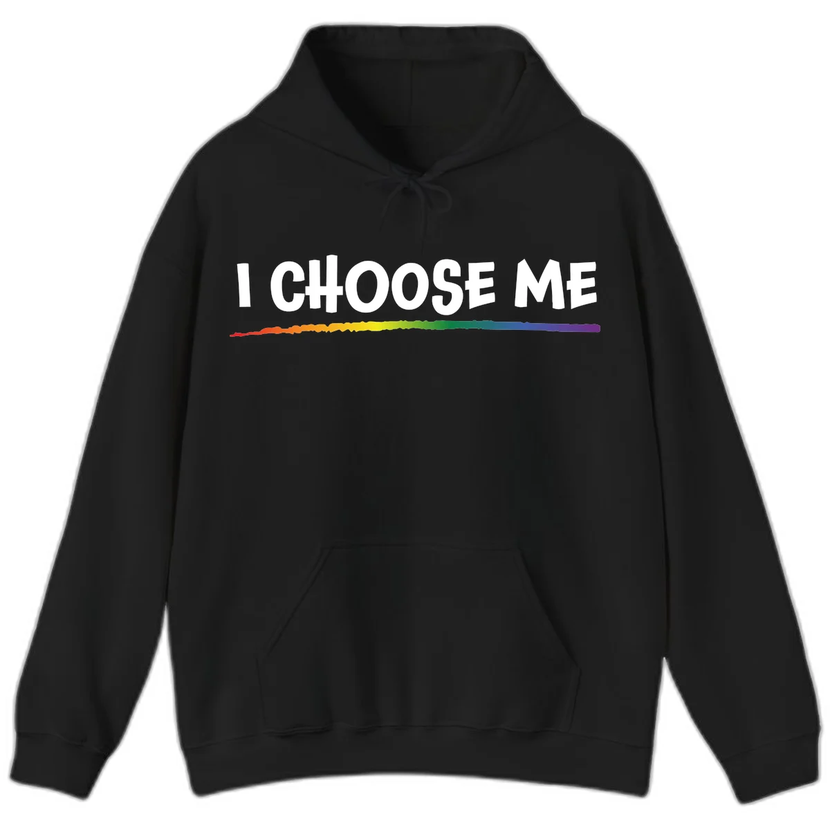 White text 'I Choose Me' above a vibrant rainbow gradient bar with pride flag colors on gray background in Black