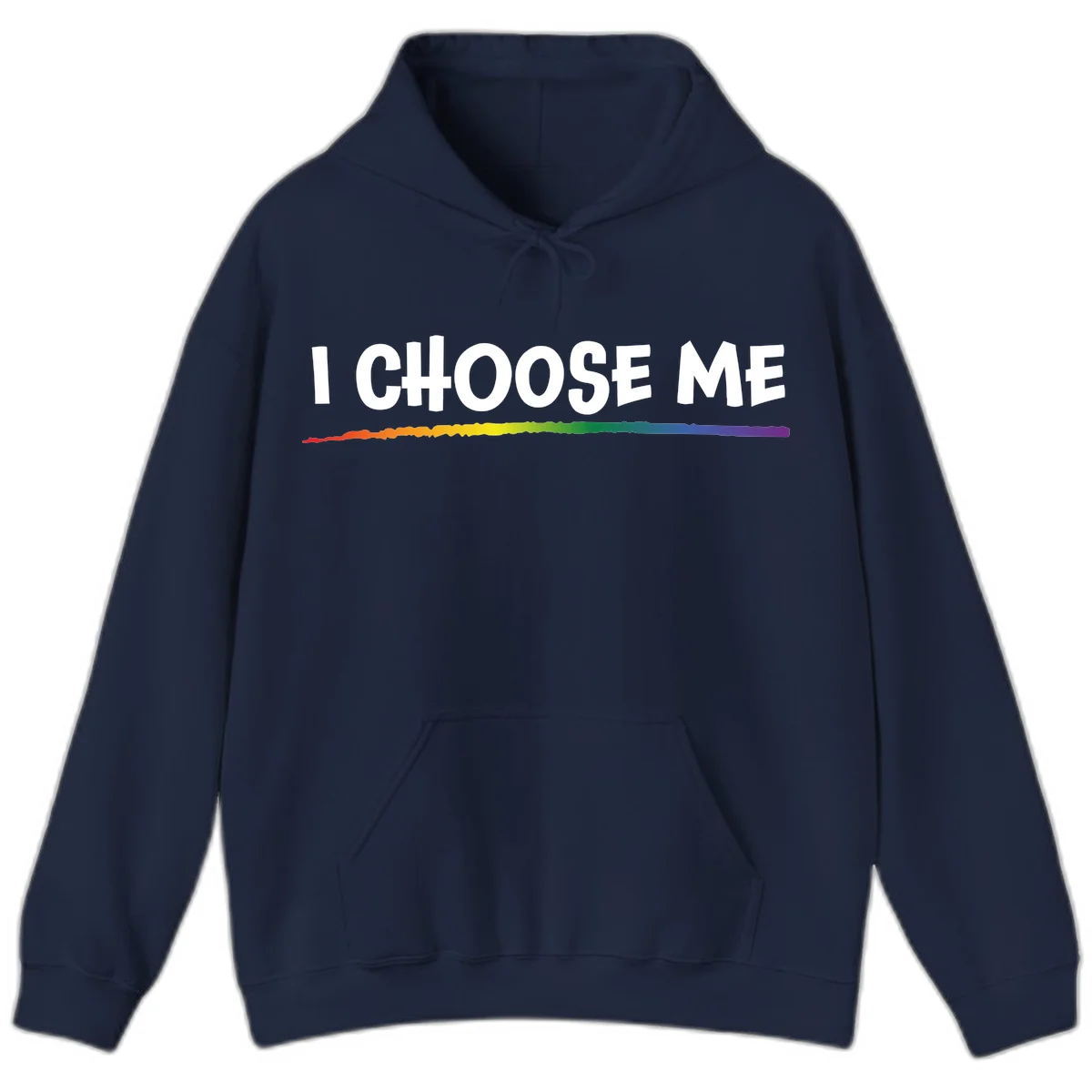 White text 'I Choose Me' above a vibrant rainbow gradient bar with pride flag colors on gray background in Navy