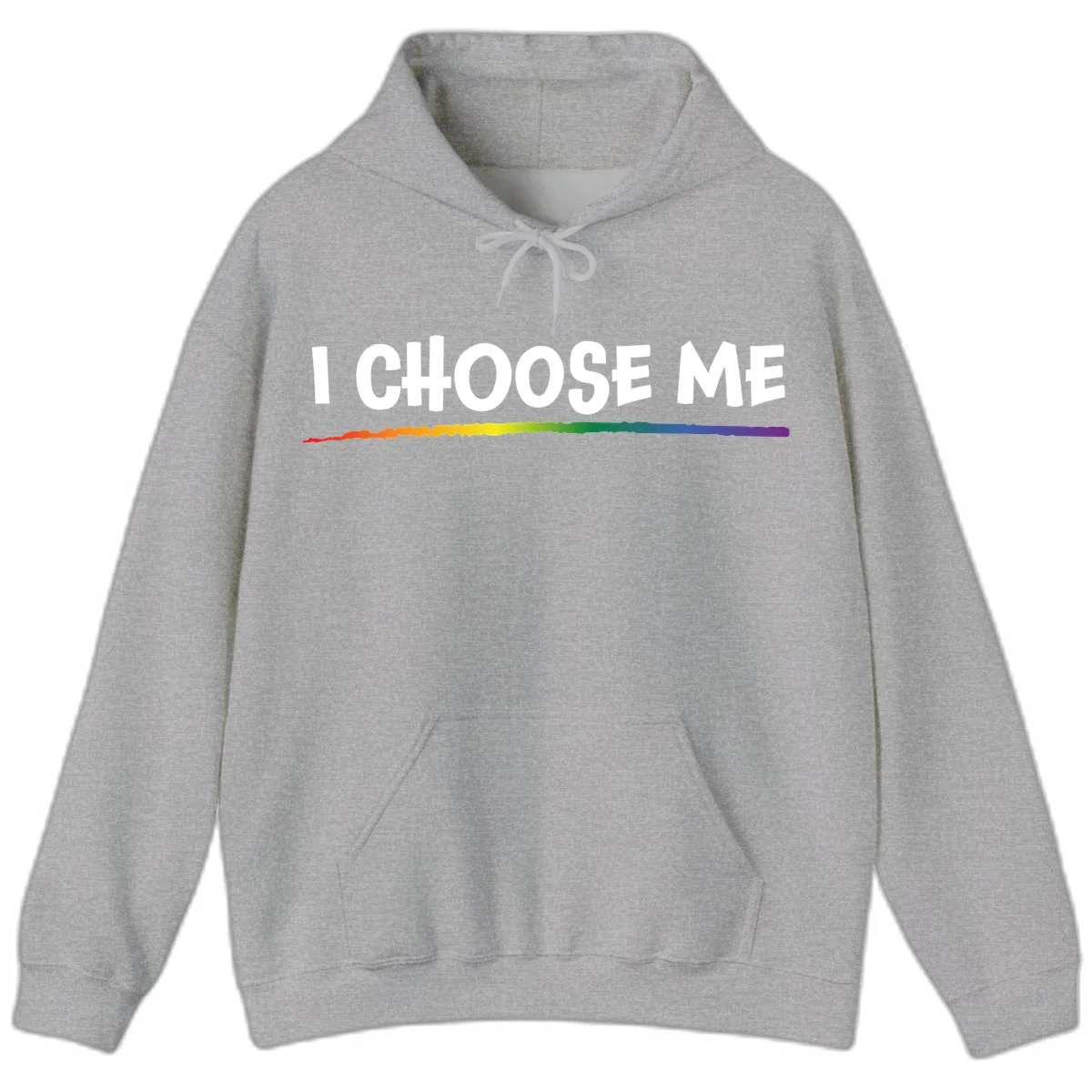 White text 'I Choose Me' above a vibrant rainbow gradient bar with pride flag colors on gray background in Sport Grey
