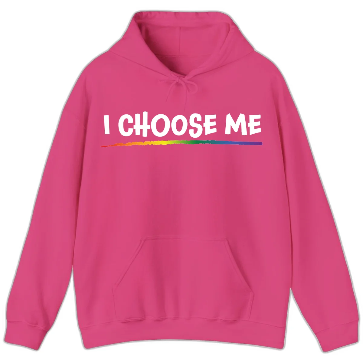 White text 'I Choose Me' above a vibrant rainbow gradient bar with pride flag colors on gray background in Heliconia