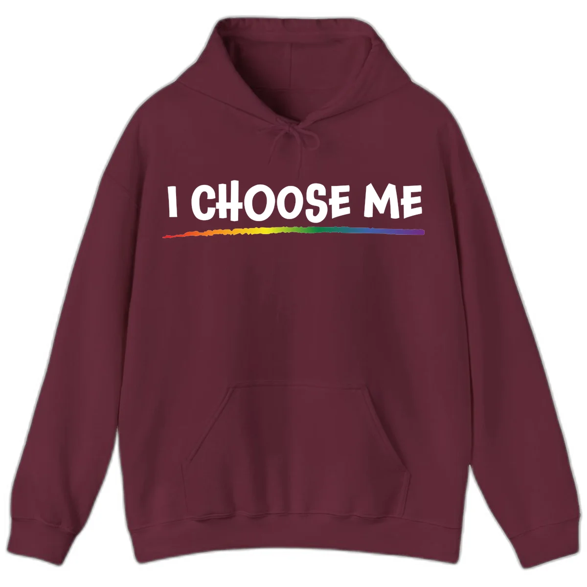 White text 'I Choose Me' above a vibrant rainbow gradient bar with pride flag colors on gray background in Maroon