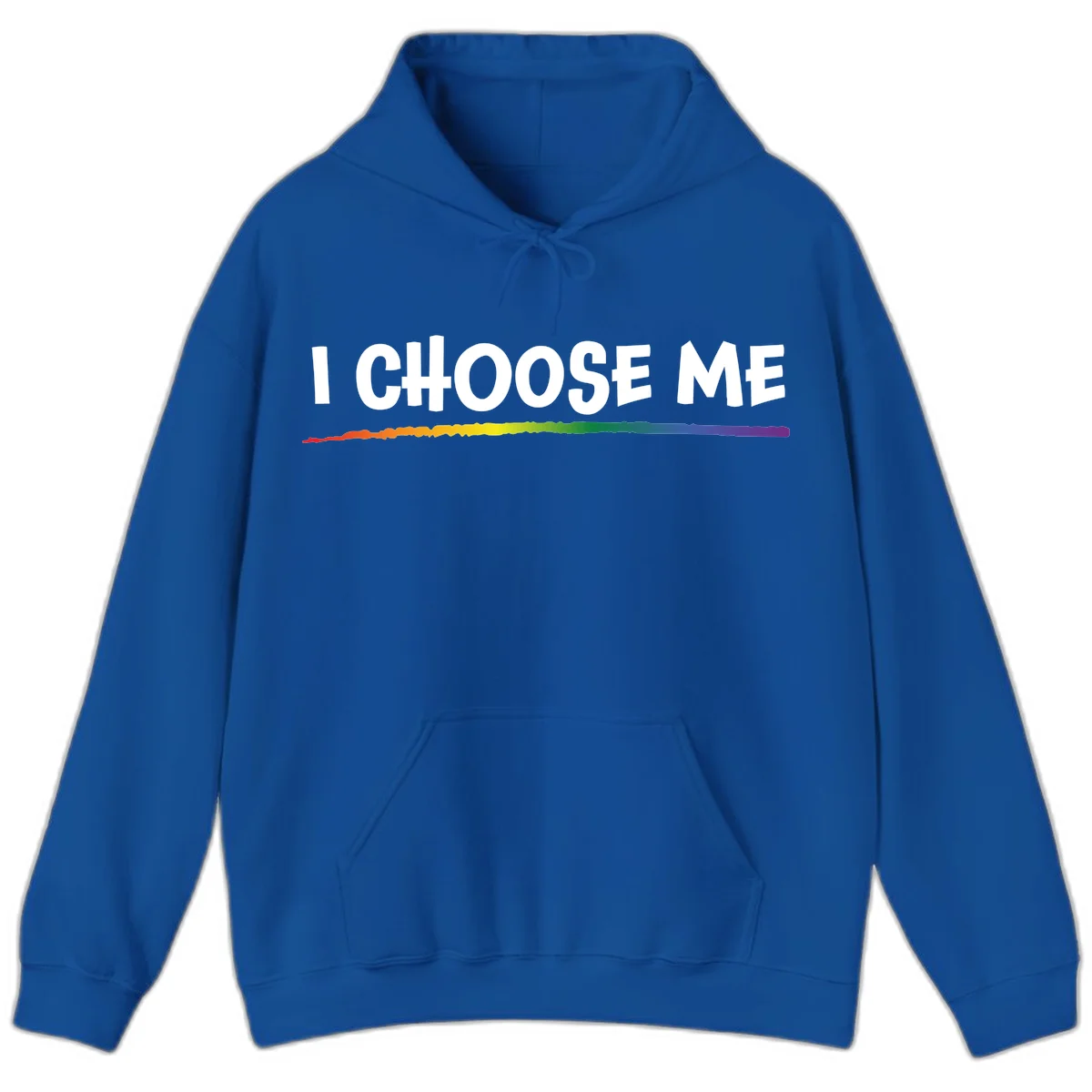 White text 'I Choose Me' above a vibrant rainbow gradient bar with pride flag colors on gray background in Royal
