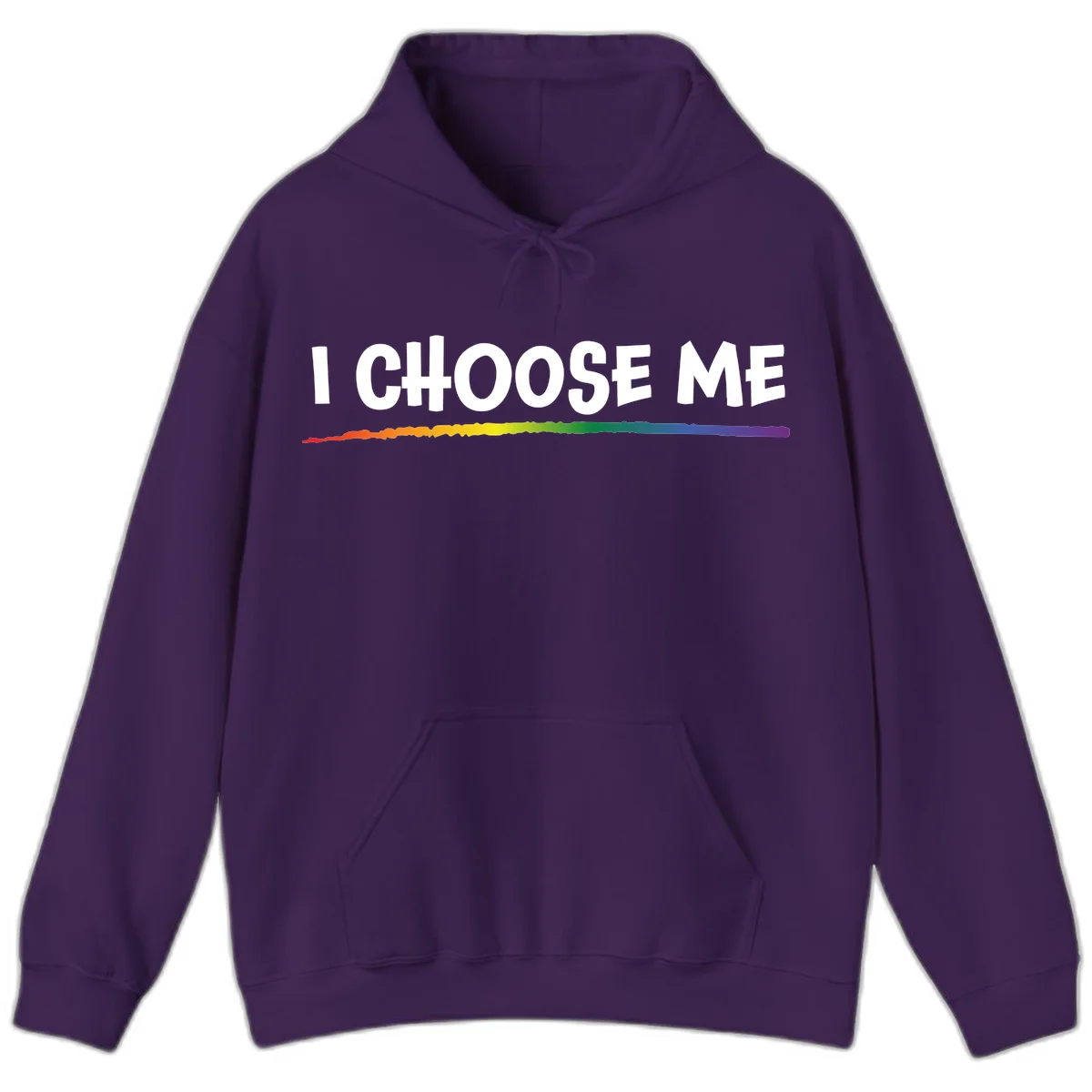 White text 'I Choose Me' above a vibrant rainbow gradient bar with pride flag colors on gray background in Purple