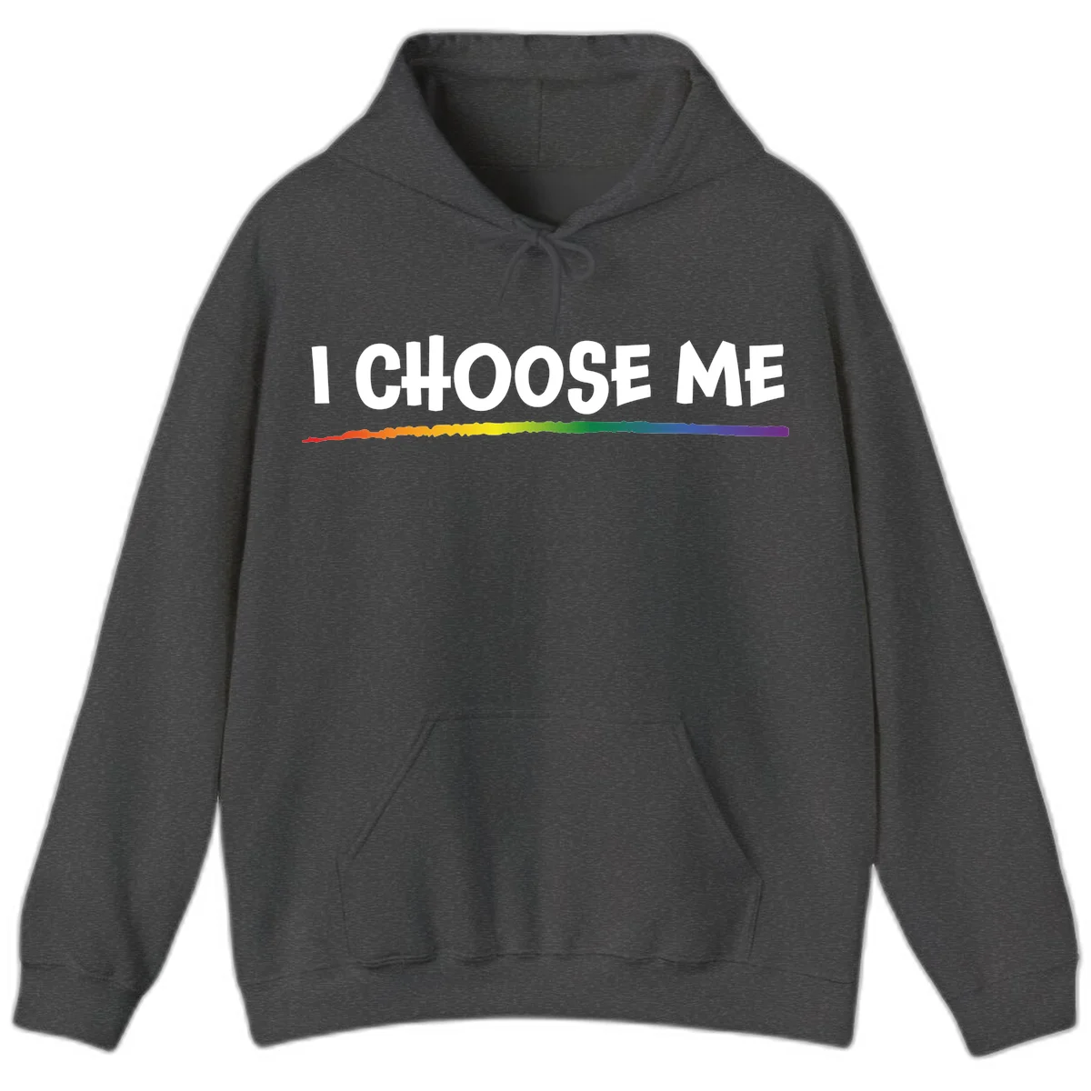 White text 'I Choose Me' above a vibrant rainbow gradient bar with pride flag colors on gray background in Dark Heather