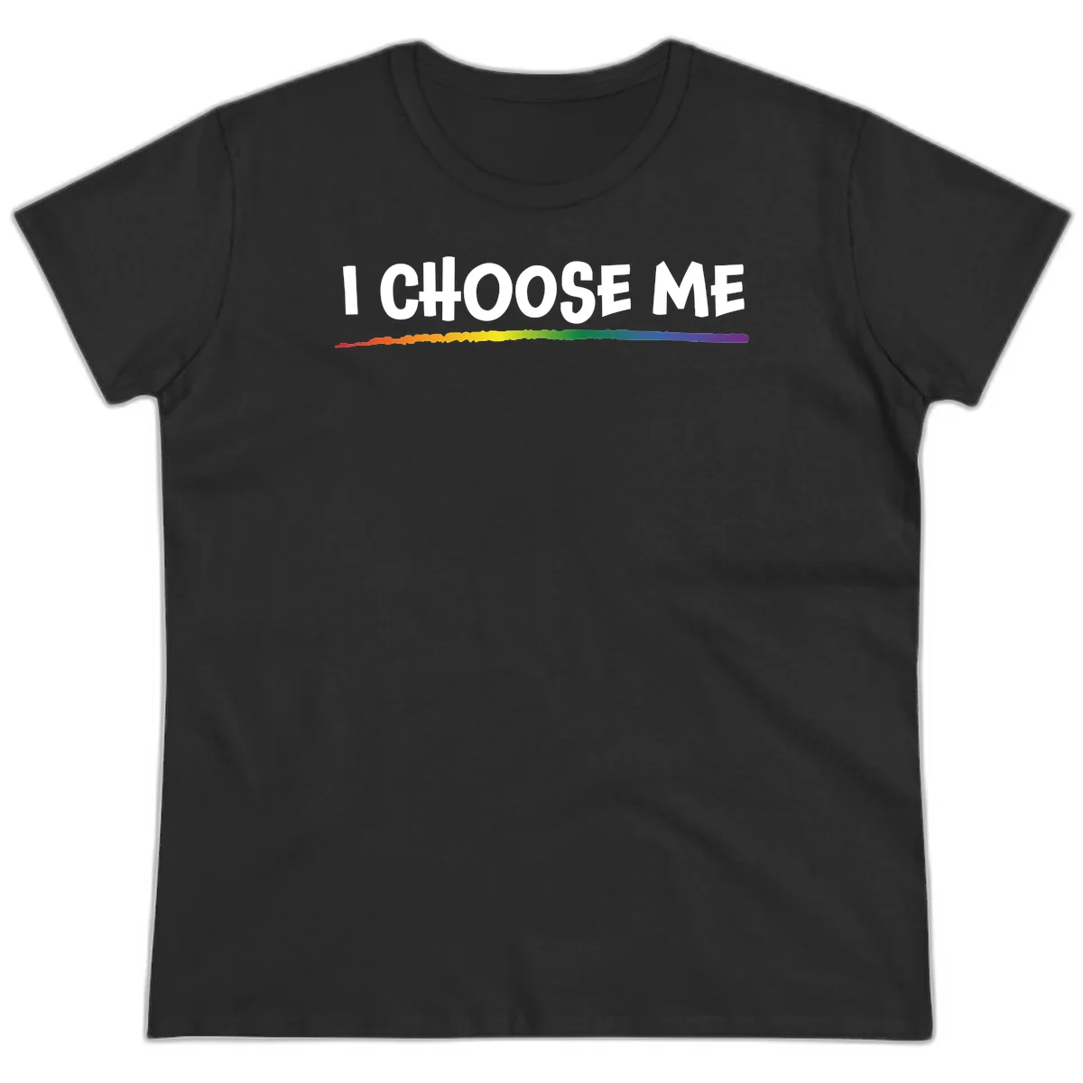 White text 'I Choose Me' above a vibrant rainbow gradient bar with pride flag colors on gray background in Black