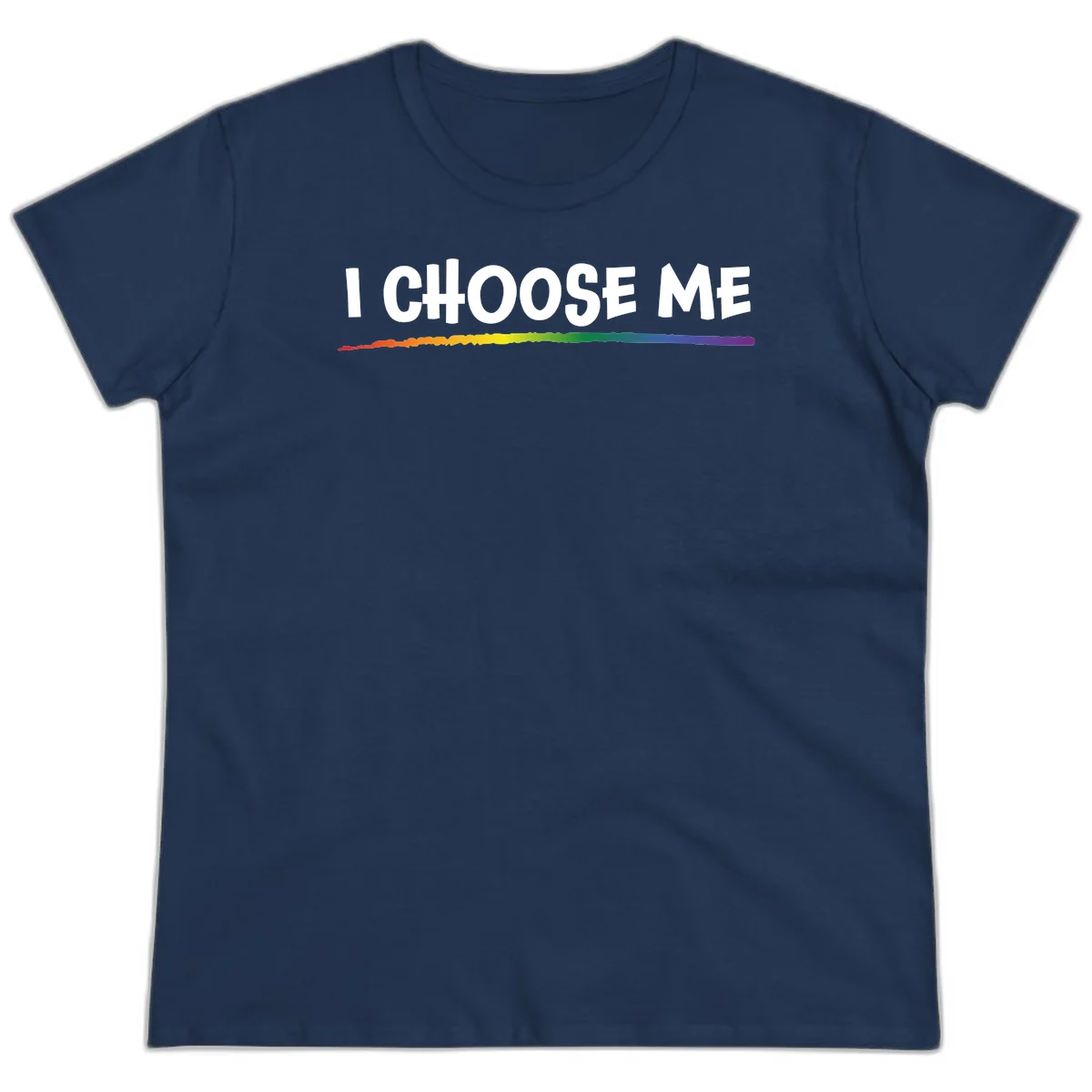 White text 'I Choose Me' above a vibrant rainbow gradient bar with pride flag colors on gray background in Navy