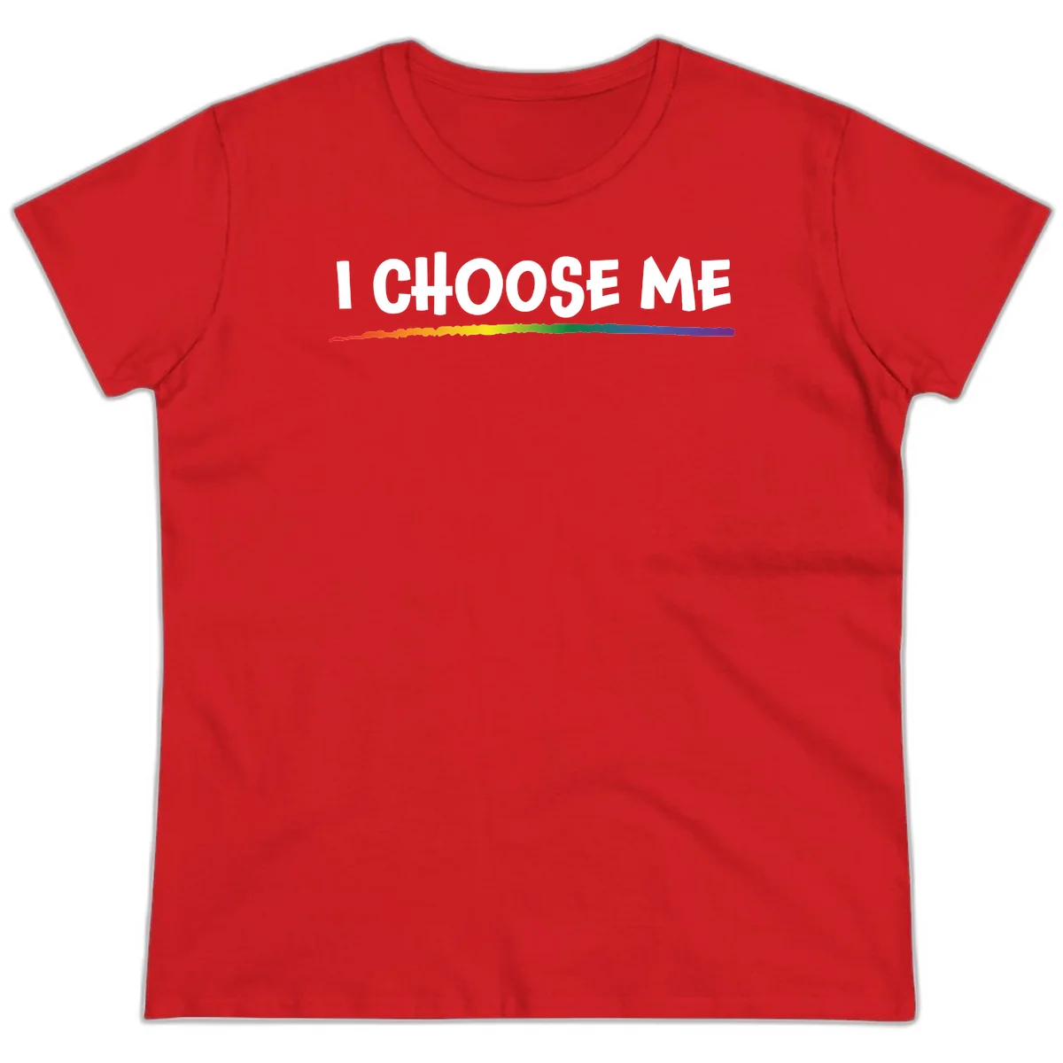 White text 'I Choose Me' above a vibrant rainbow gradient bar with pride flag colors on gray background in Red