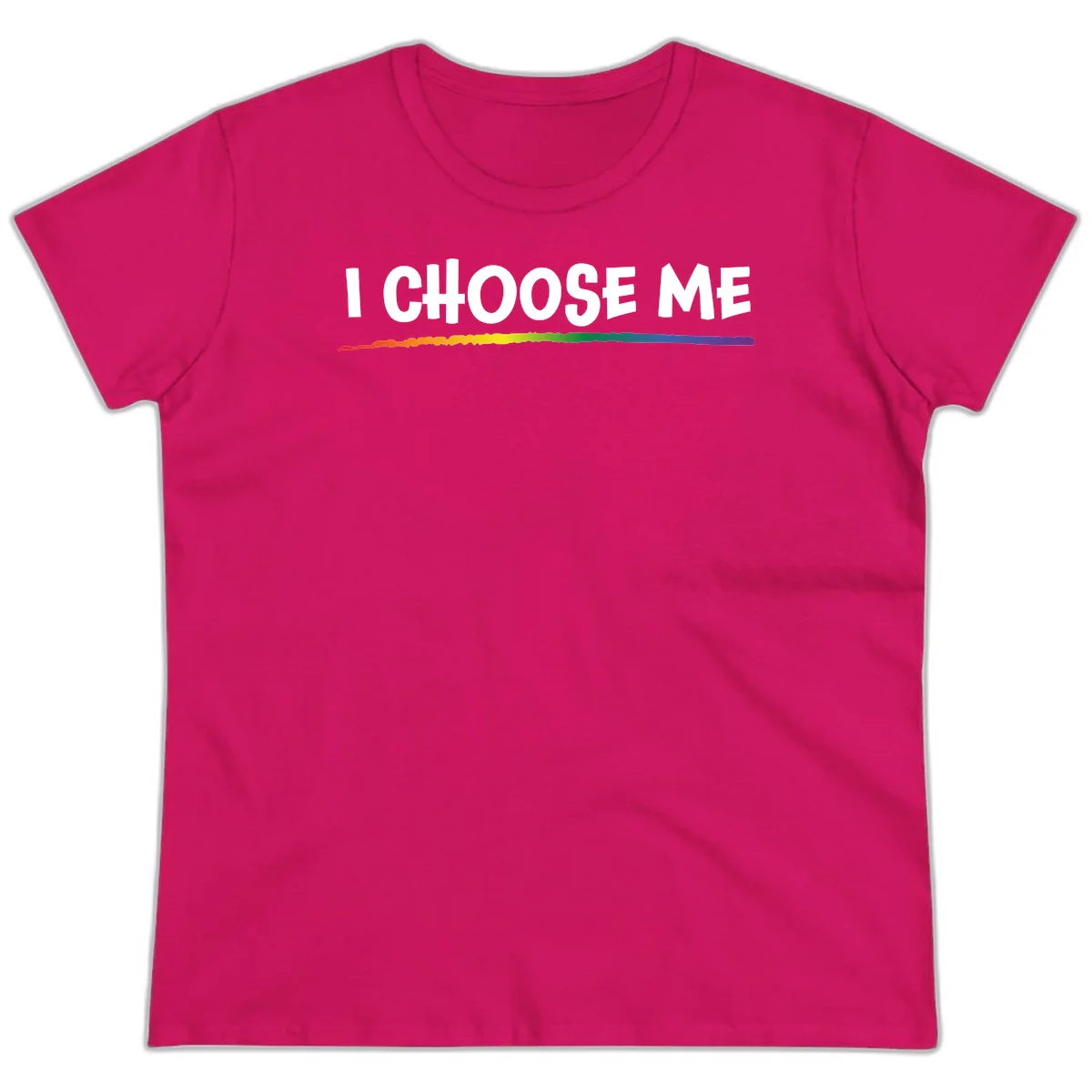 White text 'I Choose Me' above a vibrant rainbow gradient bar with pride flag colors on gray background in Heliconia
