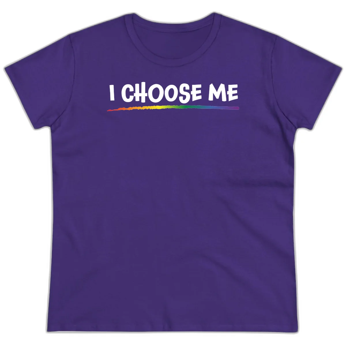 White text 'I Choose Me' above a vibrant rainbow gradient bar with pride flag colors on gray background in Purple