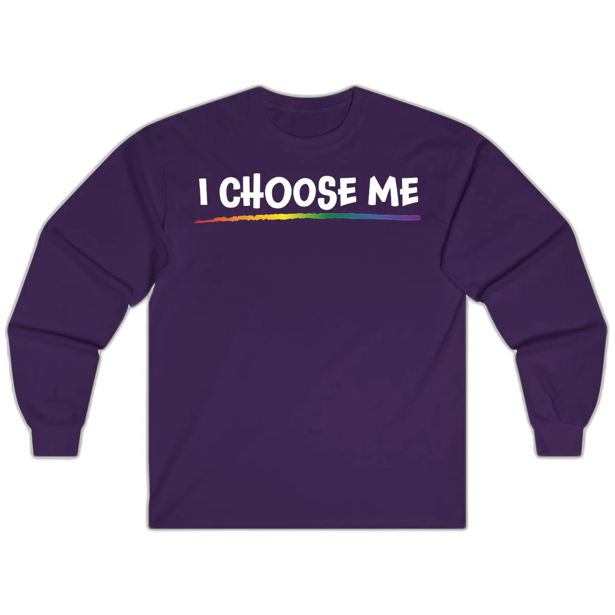 White text 'I Choose Me' above a vibrant rainbow gradient bar with pride flag colors on gray background in Purple
