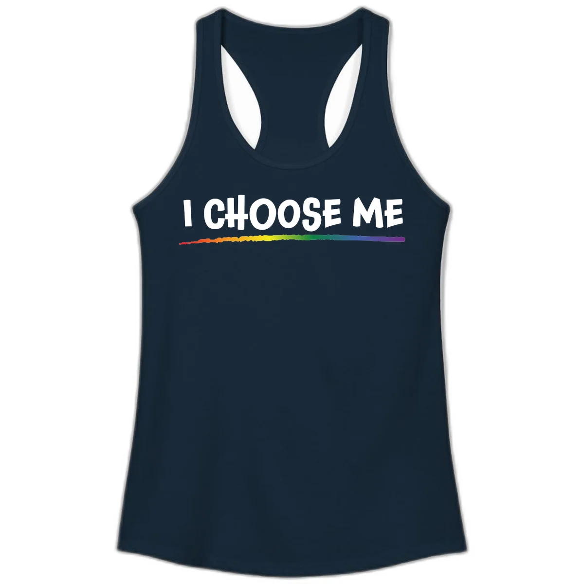 White text 'I Choose Me' above a vibrant rainbow gradient bar with pride flag colors on gray background in Solid Midnight Navy