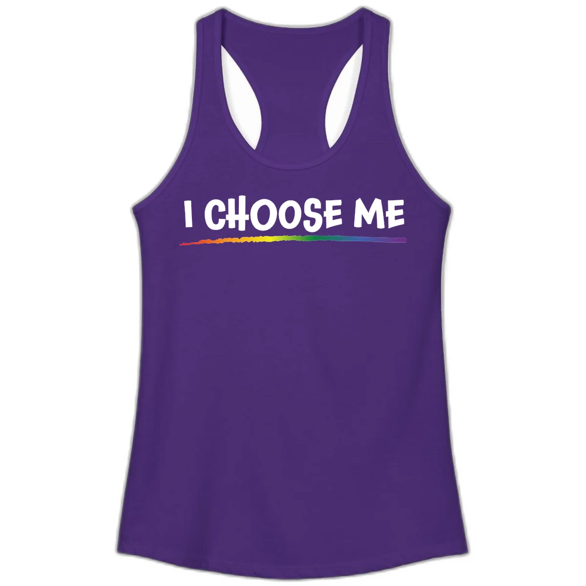 White text 'I Choose Me' above a vibrant rainbow gradient bar with pride flag colors on gray background in Solid Purple Rush
