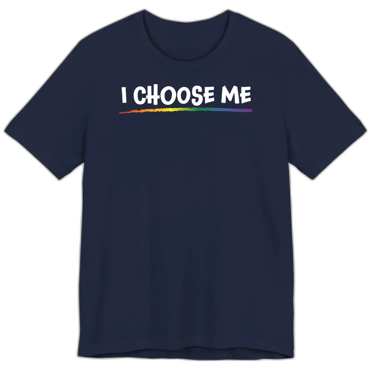 White text 'I Choose Me' above a vibrant rainbow gradient bar with pride flag colors on gray background in Navy