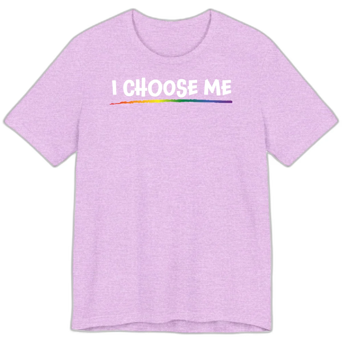 White text 'I Choose Me' above a vibrant rainbow gradient bar with pride flag colors on gray background in Heather Prism Lilac