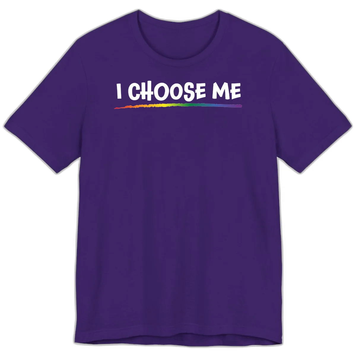White text 'I Choose Me' above a vibrant rainbow gradient bar with pride flag colors on gray background in Team Purple