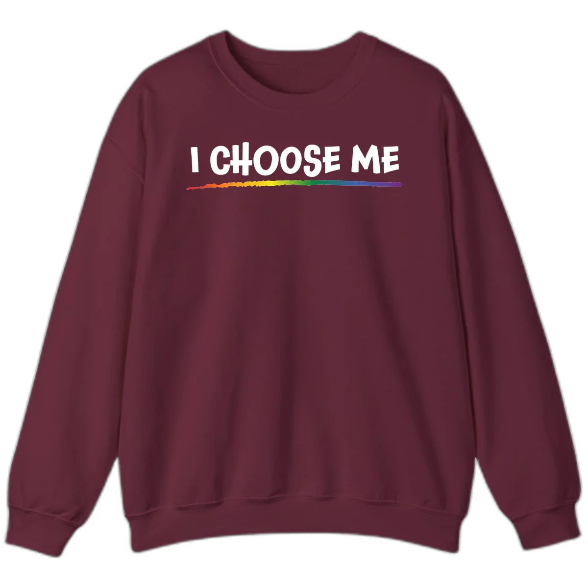White text 'I Choose Me' above a vibrant rainbow gradient bar with pride flag colors on gray background in Maroon