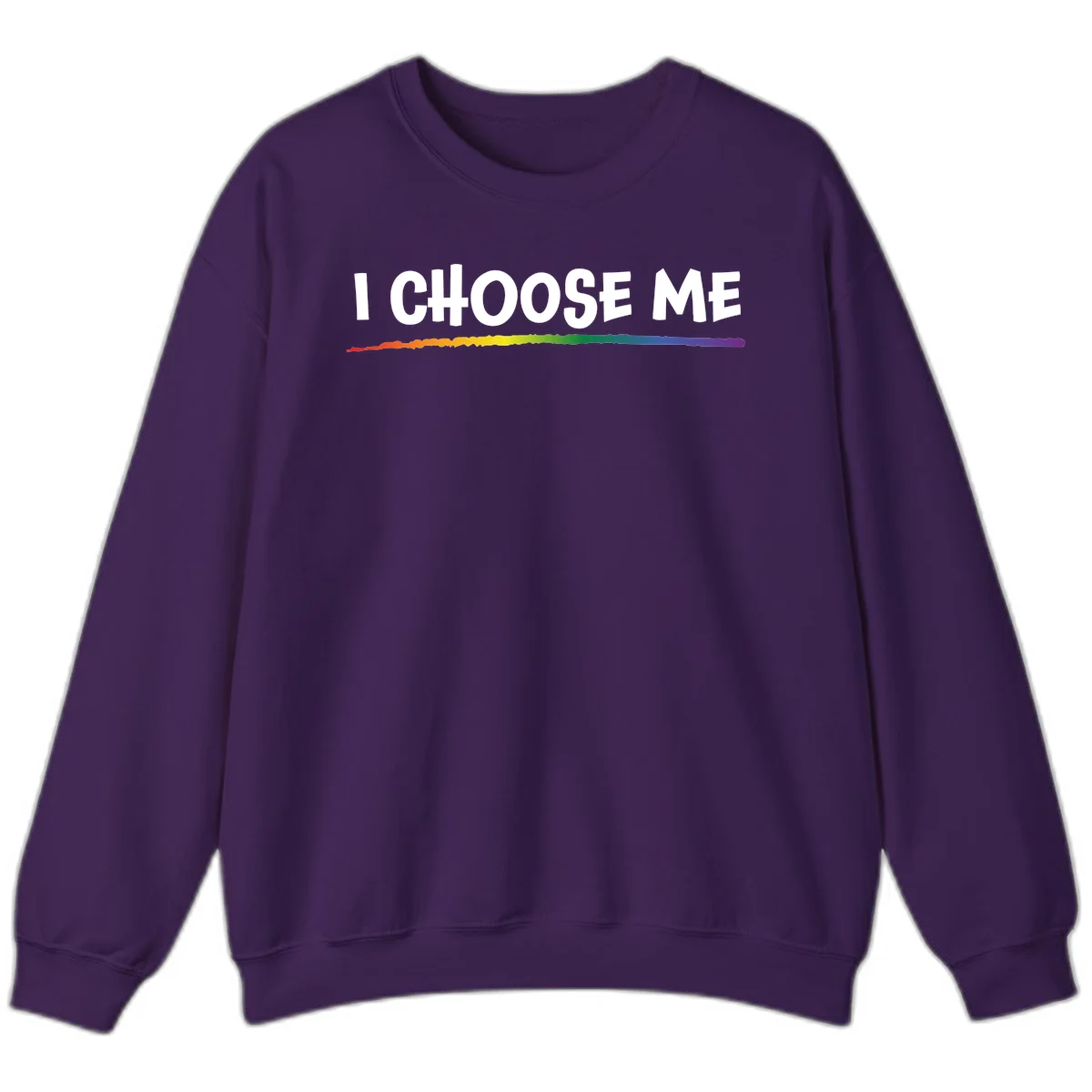 White text 'I Choose Me' above a vibrant rainbow gradient bar with pride flag colors on gray background in Purple