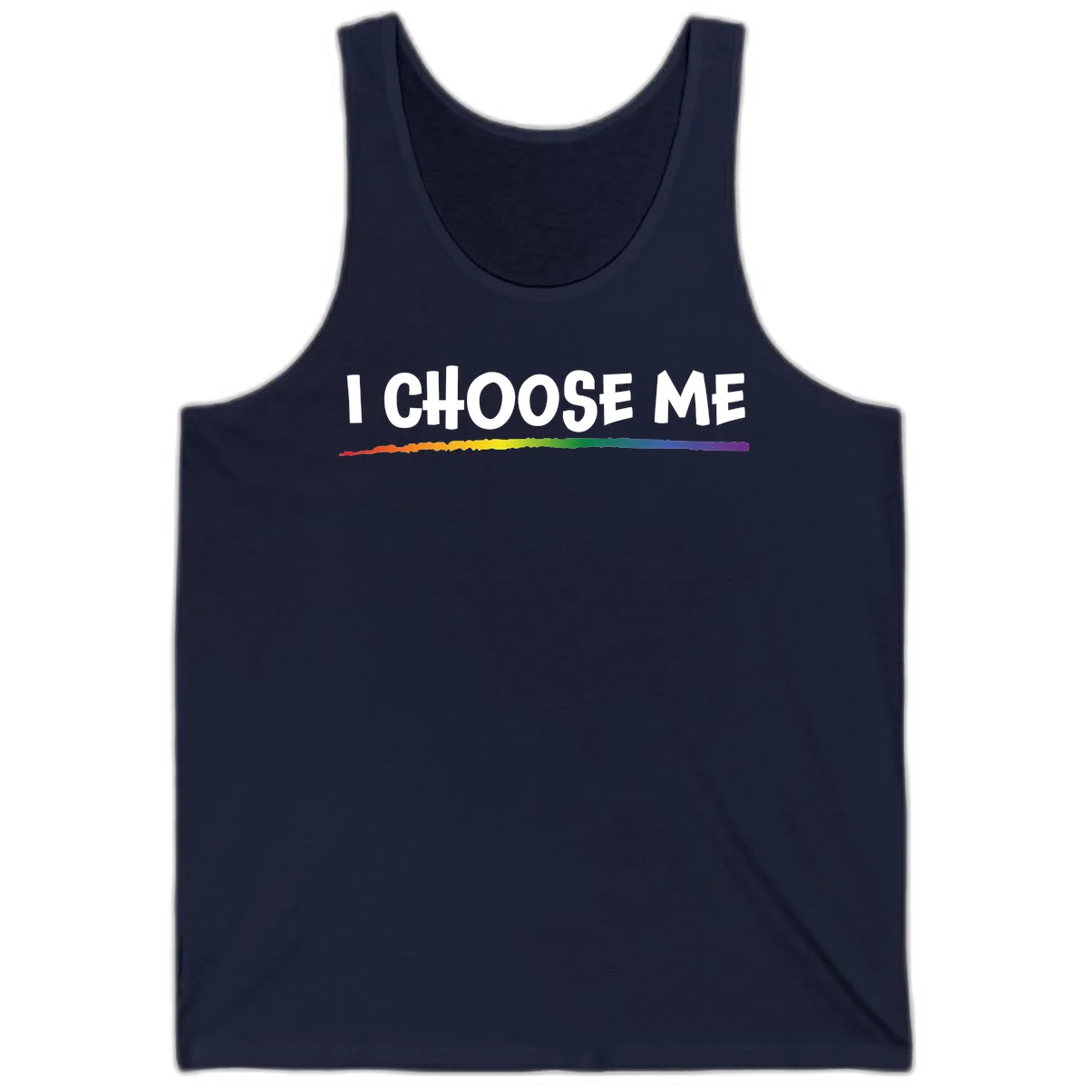 White text 'I Choose Me' above a vibrant rainbow gradient bar with pride flag colors on gray background in Navy