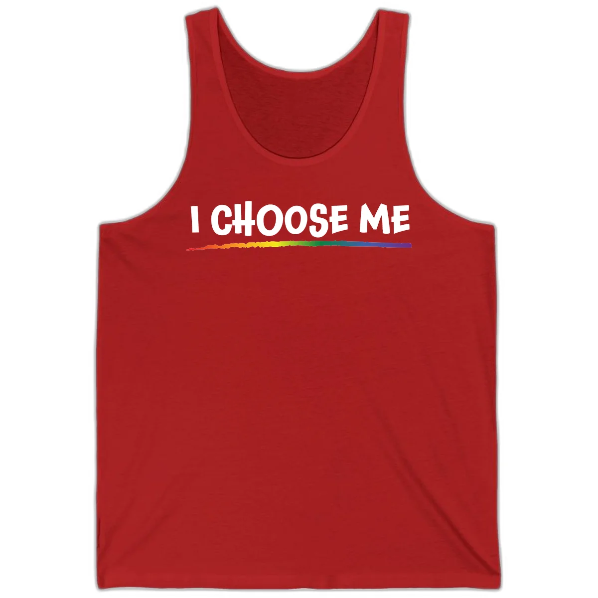 White text 'I Choose Me' above a vibrant rainbow gradient bar with pride flag colors on gray background in Red
