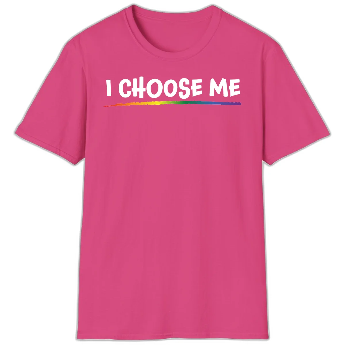 White text 'I Choose Me' above a vibrant rainbow gradient bar with pride flag colors on gray background in Heliconia