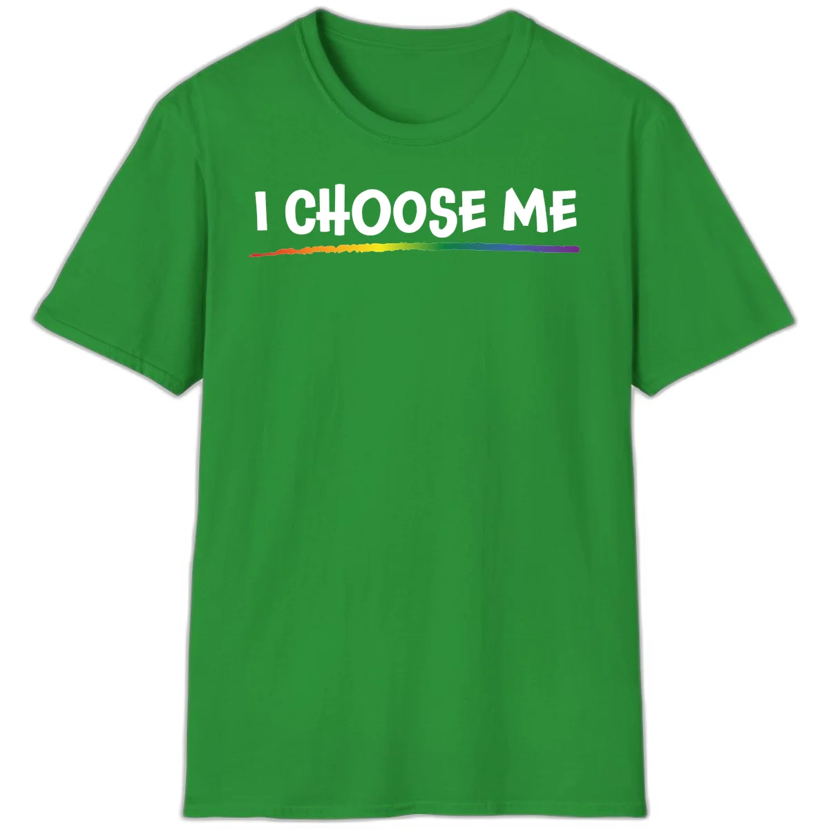 White text 'I Choose Me' above a vibrant rainbow gradient bar with pride flag colors on gray background in Irish Green