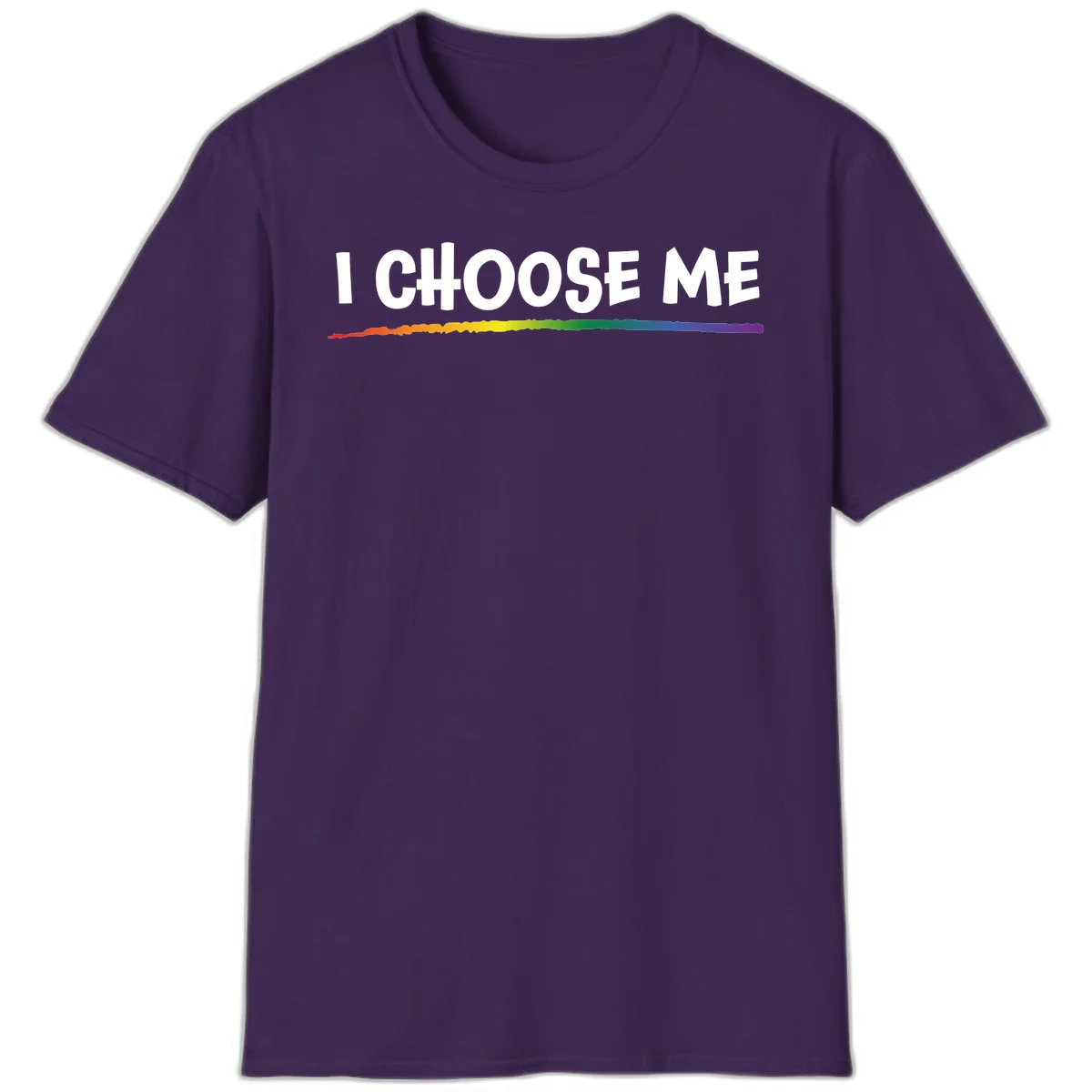 White text 'I Choose Me' above a vibrant rainbow gradient bar with pride flag colors on gray background in Purple