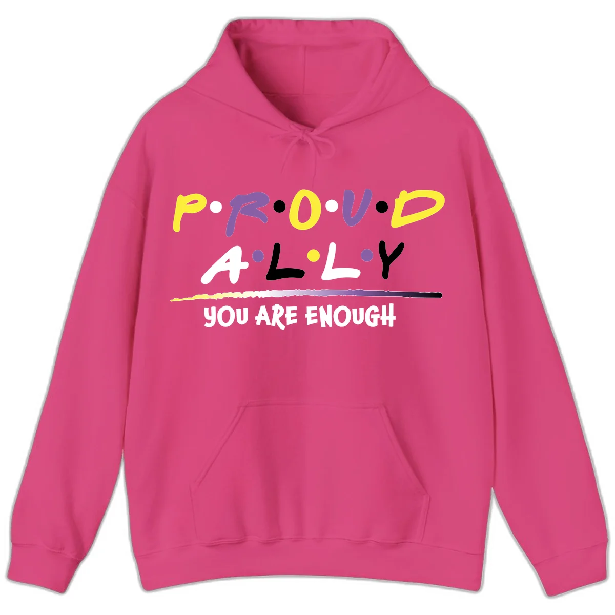 Colorful proud ally enough design with yellow and purple lettering spelling P.R.O.U.D ALLY and YOU ARE ENOUGH with decorative watercolor elements in Heliconia