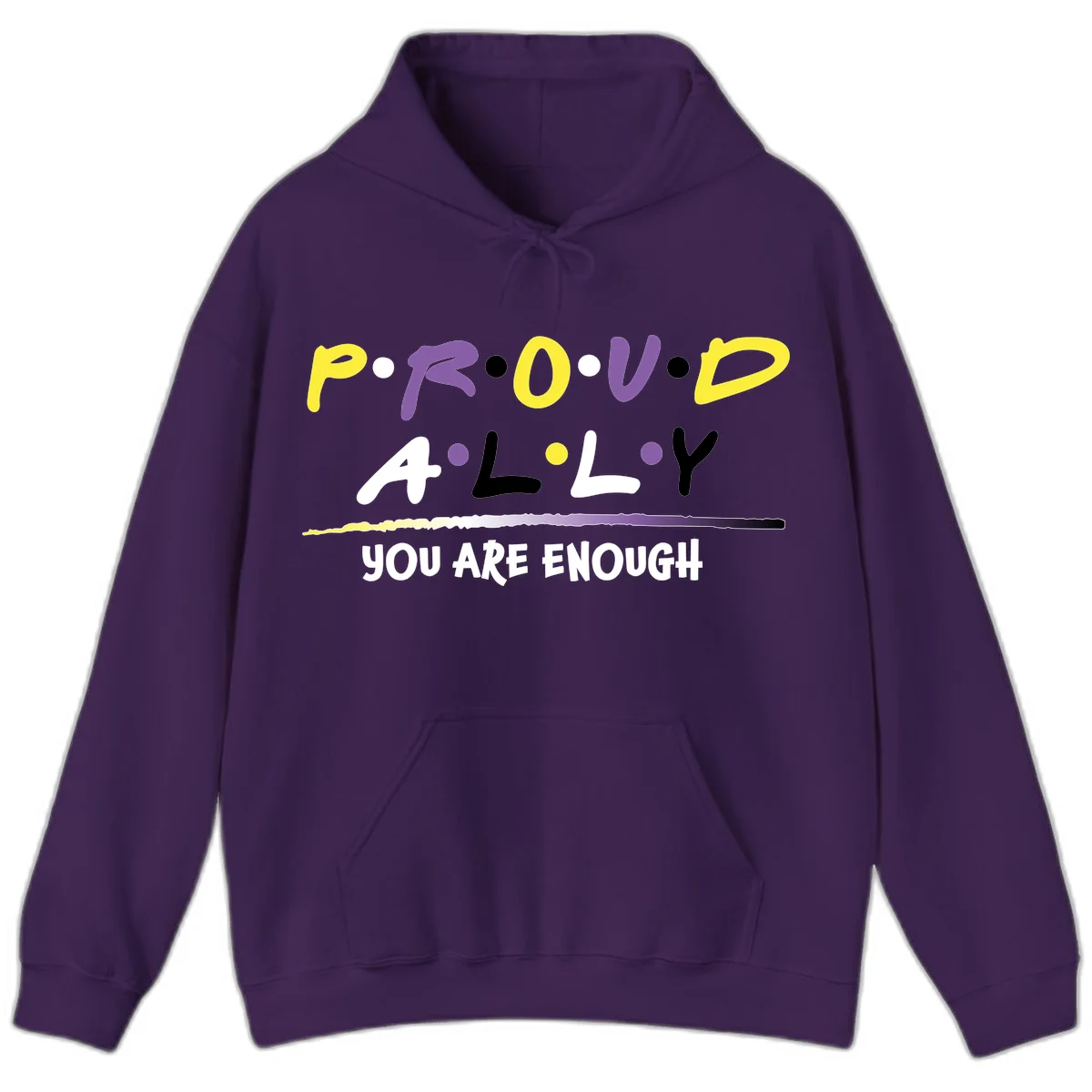 Colorful proud ally enough design with yellow and purple lettering spelling P.R.O.U.D ALLY and YOU ARE ENOUGH with decorative watercolor elements in Purple