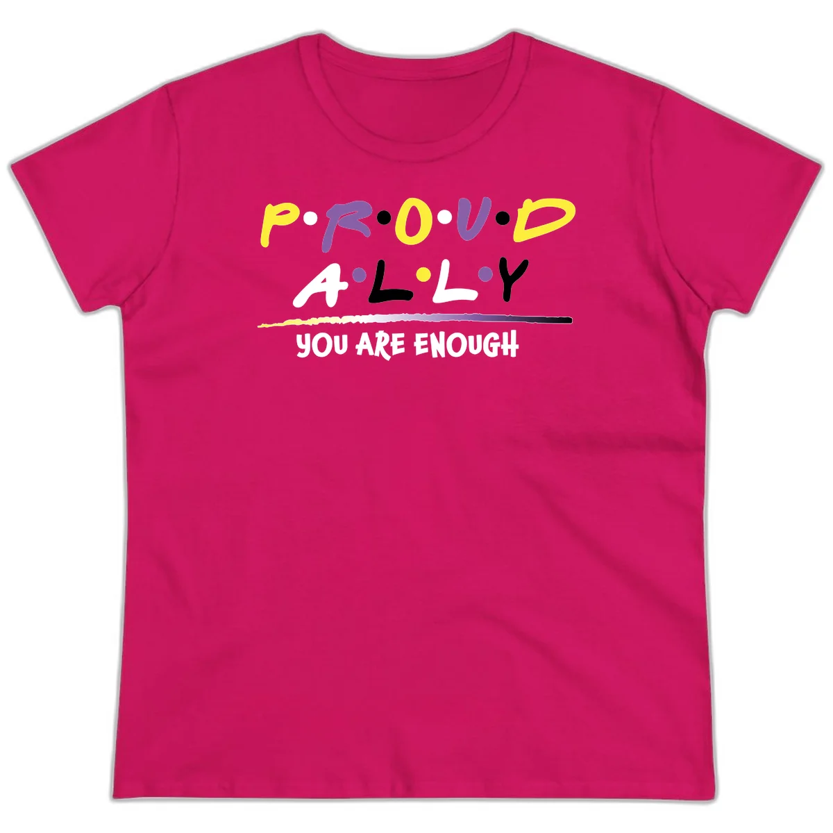 Colorful proud ally enough design with yellow and purple lettering spelling P.R.O.U.D ALLY and YOU ARE ENOUGH with decorative watercolor elements in Heliconia