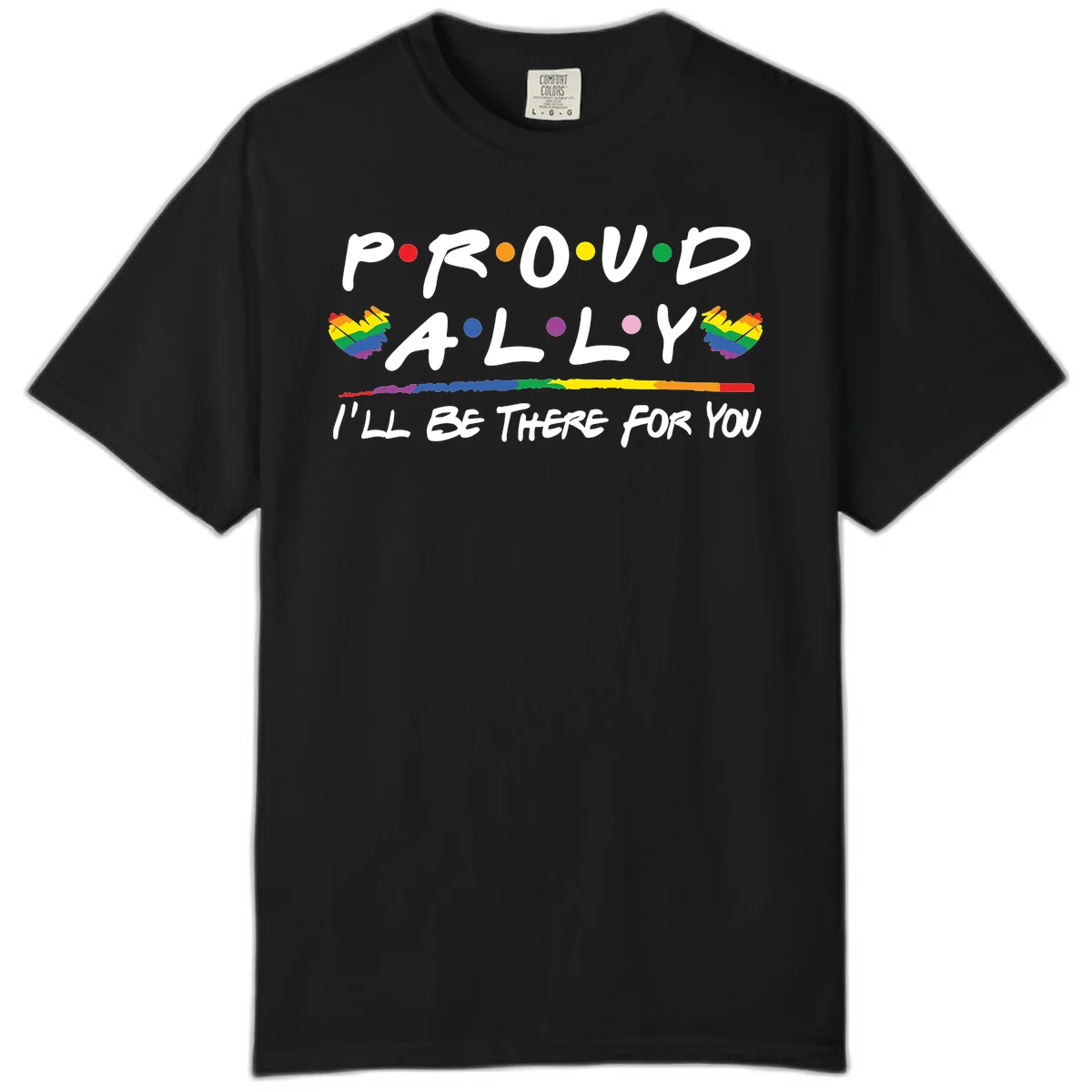Proud ally support design with white hand-drawn text, rainbow hearts, and striped line on gray background in Black