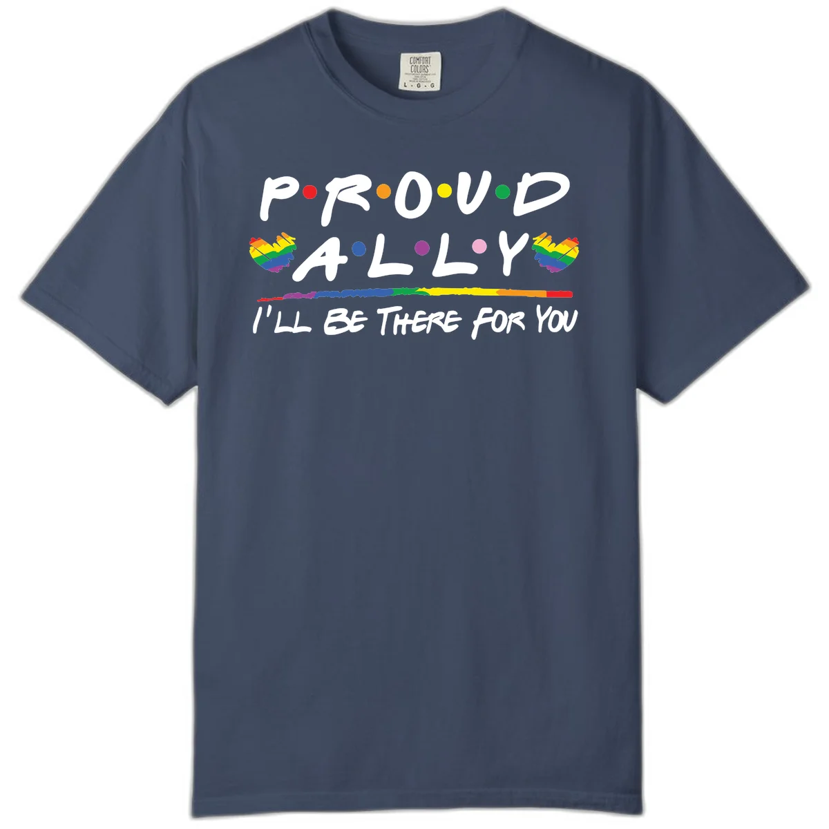 Proud ally support design with white hand-drawn text, rainbow hearts, and striped line on gray background in Midnight
