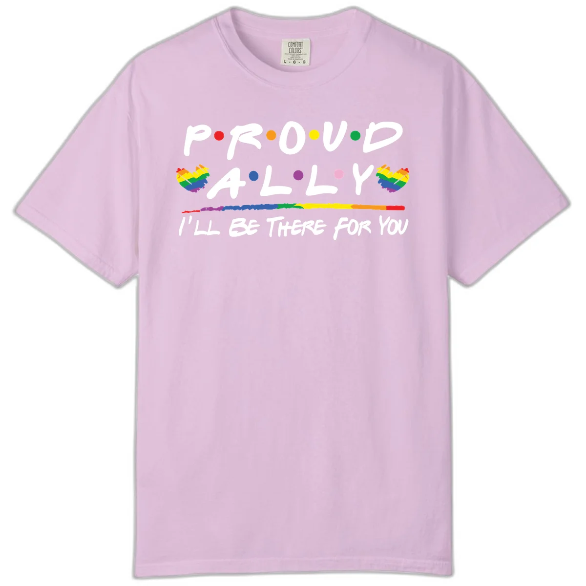 Proud ally support design with white hand-drawn text, rainbow hearts, and striped line on gray background in Orchid