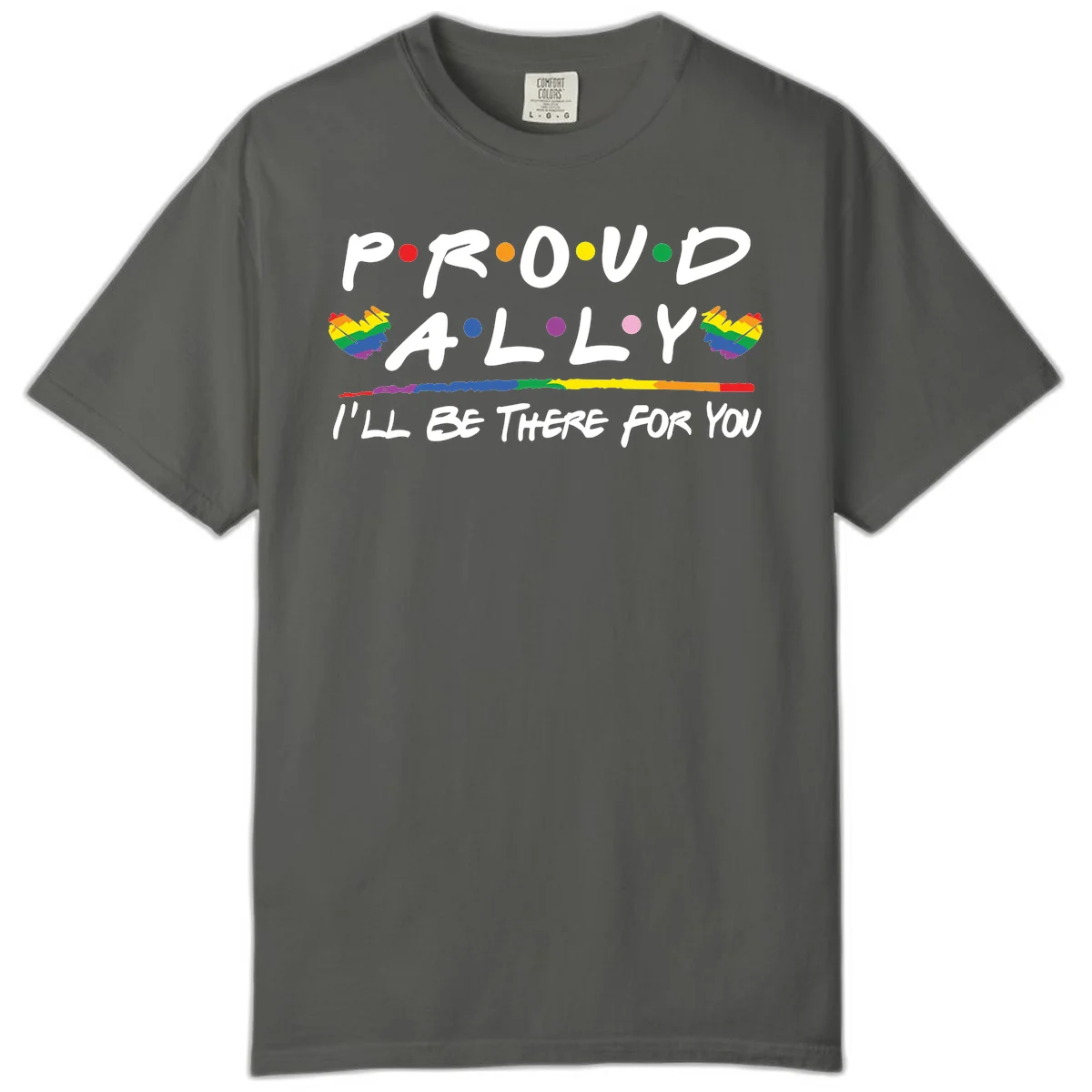 Proud ally support design with white hand-drawn text, rainbow hearts, and striped line on gray background in Pepper