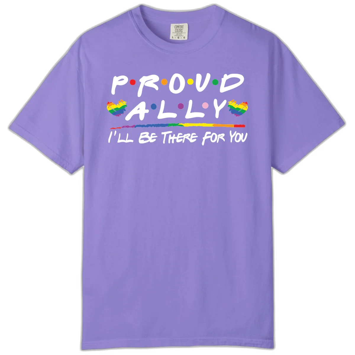Proud ally support design with white hand-drawn text, rainbow hearts, and striped line on gray background in Violet